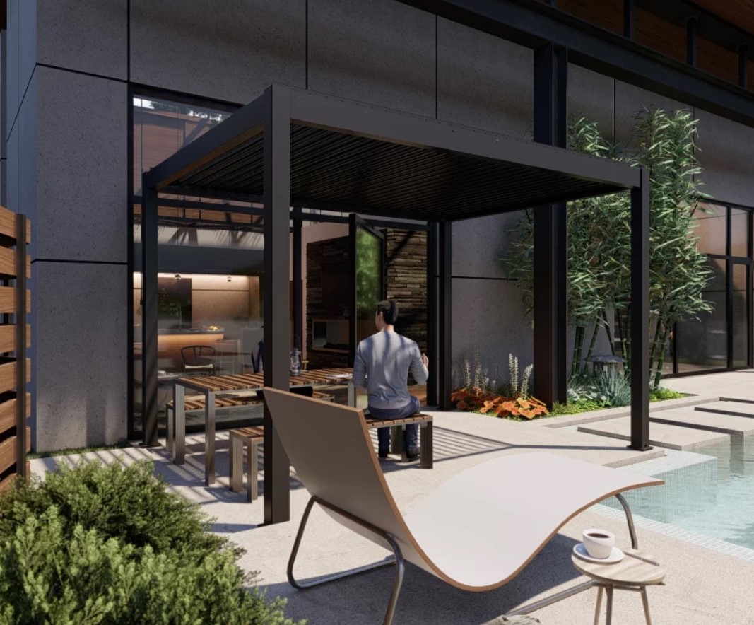 4 × 4 m heavy‑duty aluminum pergola with motorized moving louvres and integrated LED lighting, luxury 4 × 4 m outdoor pergola for terraces, pool decks and cafés, remote‑controlled roof for all‑weather comfort.